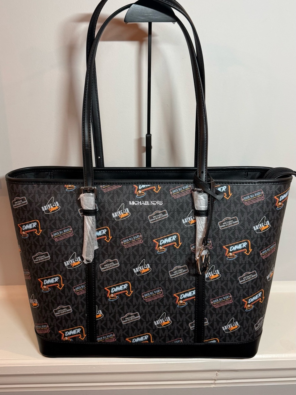 Michael Kors Black Logo Tote with Multicolor Diner Patches